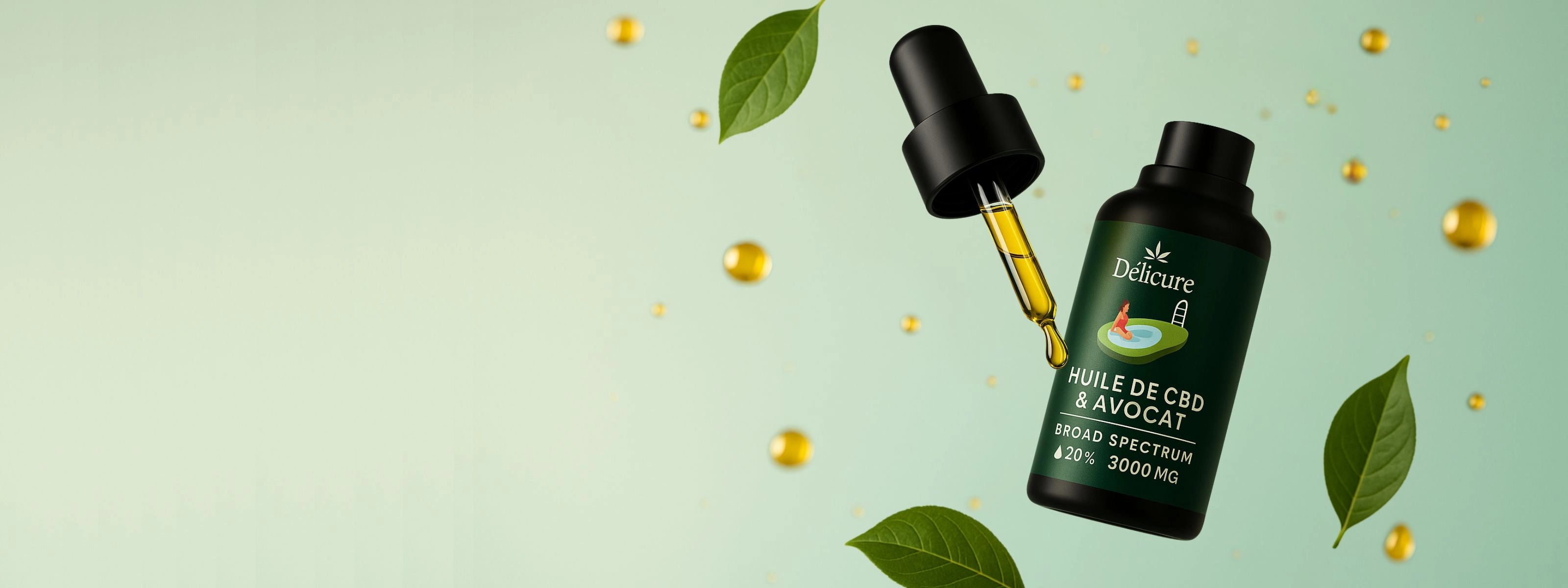 Huile de CBD à l’avocat Délicure – flacon premium avec pipette et goutte d’huile dorée, sur fond vert apaisant avec feuilles naturelles. Image représentant la gamme d’huiles CBD Délicure, disponible sur la collection des huiles CBD