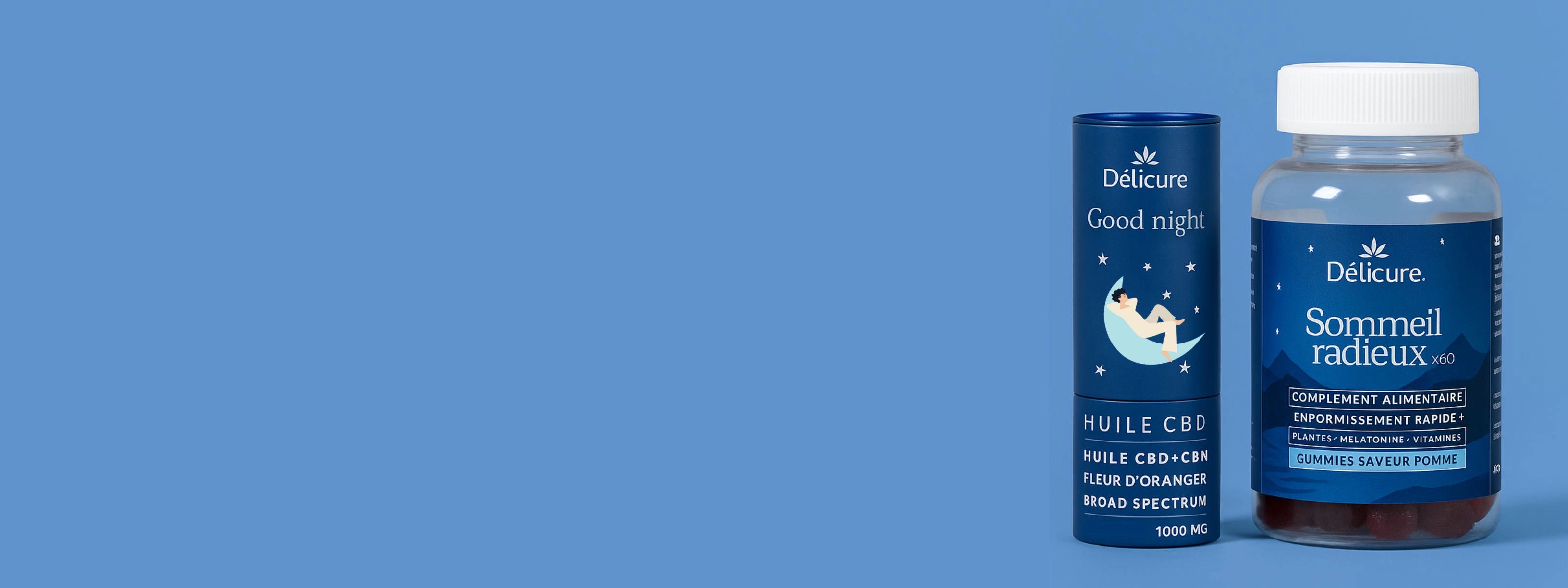 Image illustrant le pack nuit parfaite sur fond bleu composé d'un pot de gummies sommeil et d'un flacon d'huile de CBD good night sommeil