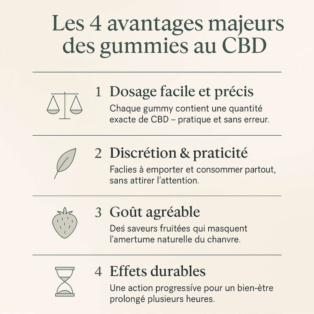 Infographie bien-être – Les 4 avantages majeurs des gummies au CBD : présentation élégante et minimaliste sur fond beige lumineux. 1️⃣ Dosage facile et précis ⚖️ : chaque gummy contient une quantité exacte de CBD. 2️⃣ Discrétion & praticité 🌿 : faciles à emporter et consommer partout. 3️⃣ Goût agréable 🍓 : saveurs fruitées masquant l’amertume du chanvre. 4️⃣ Effets durables ⏳ : action progressive pour un bien-être prolongé. Design apaisant, typographie sobre, style premium inspiré de Délicure.