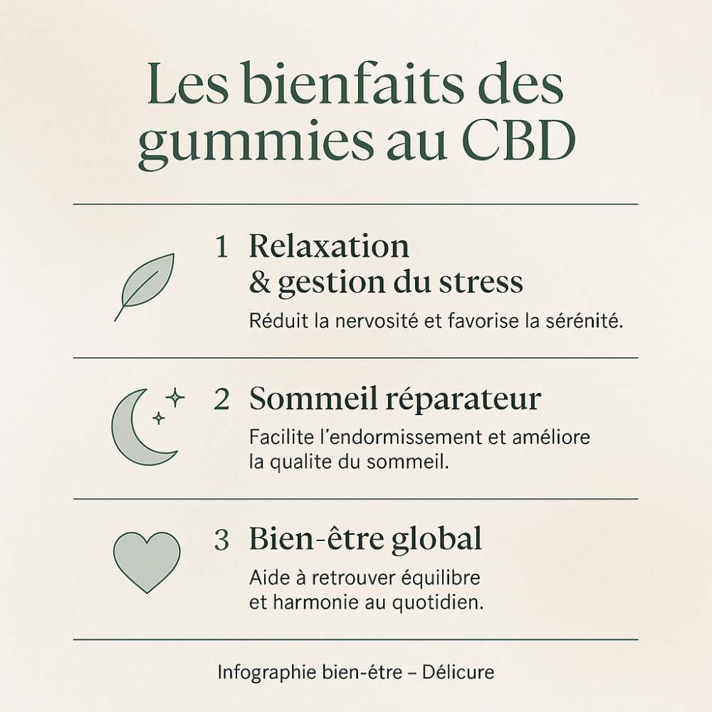 Infographie bien-être – Les bienfaits des gummies au CBD : trois sections équilibrées illustrent leurs effets naturels. 1️⃣ Relaxation et gestion du stress : réduit la nervosité et favorise la sérénité 🌿. 2️⃣ Sommeil réparateur : facilite l’endormissement et améliore la qualité du sommeil 🌙. 3️⃣ Bien-être global : aide à retrouver équilibre et harmonie au quotidien 💚. Design minimaliste, tons beige et vert sauge, style apothicaire élégant signé Délicure.