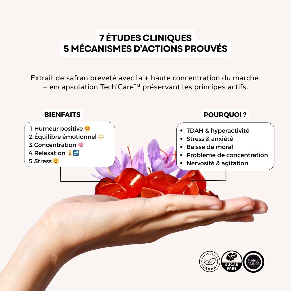 Infographie safran : bénéfices (humeur positive, équilibre émotionnel, concentration, relaxation) et usages TDAH/stress — logos vegan, sans sucre, made in France.
