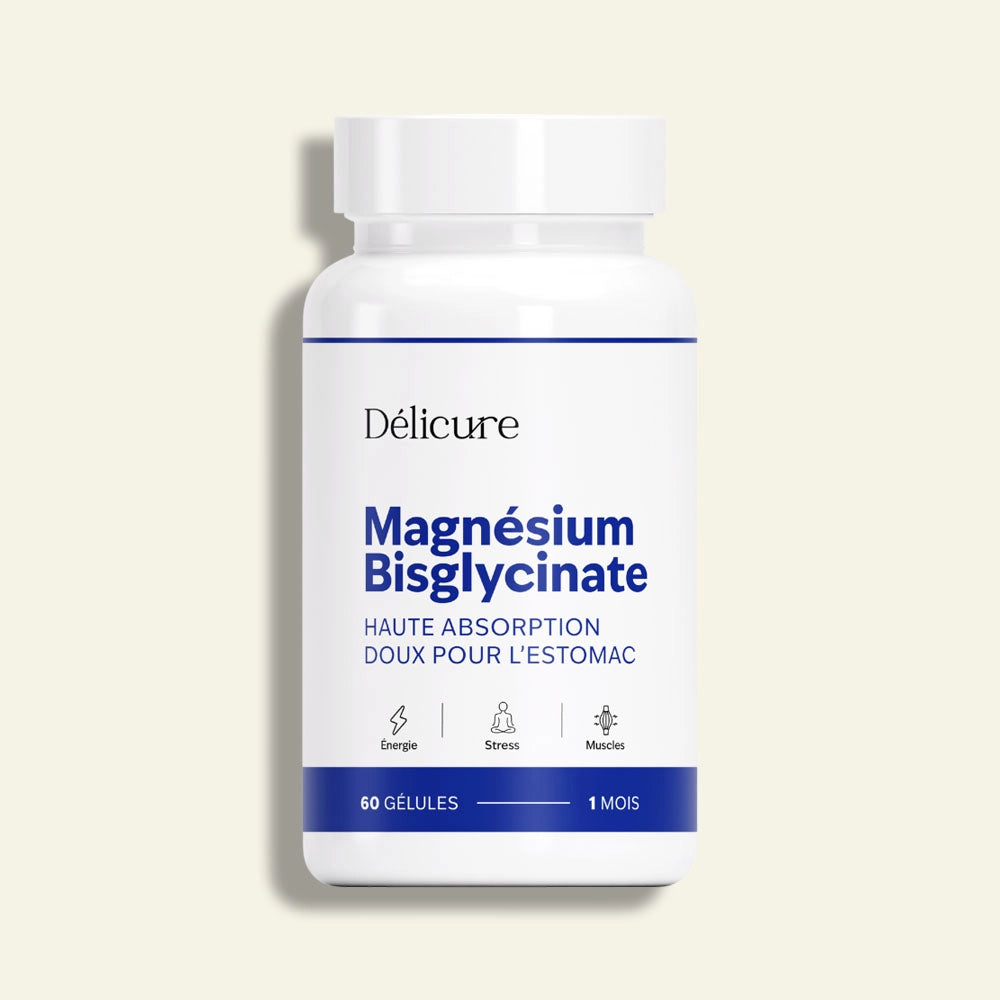 Flacon blanc de Magnésium Bisglycinate Délicure, 60 gélules pour un mois, haute absorption et doux pour l’estomac, idéal pour l’énergie, le stress et les muscles.