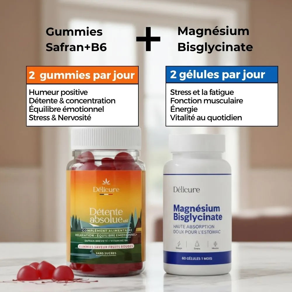 Pack Sérénité Absolue Délicure – Gummies Safran B6 et Magnésium Bisglycinate, 2 gummies et 2 gélules par jour pour équilibre émotionnel, énergie et vitalité.