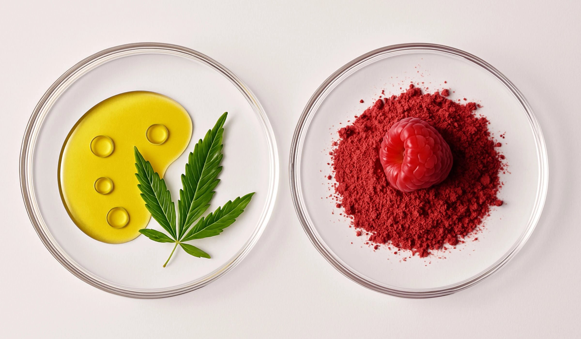 Deux coupelles transparentes : l’une contient de l’huile CBD et une feuille de chanvre, l’autre de la poudre de framboise surmontée d’un fruit frais, illustrant les ingrédients naturels de la gamme.
