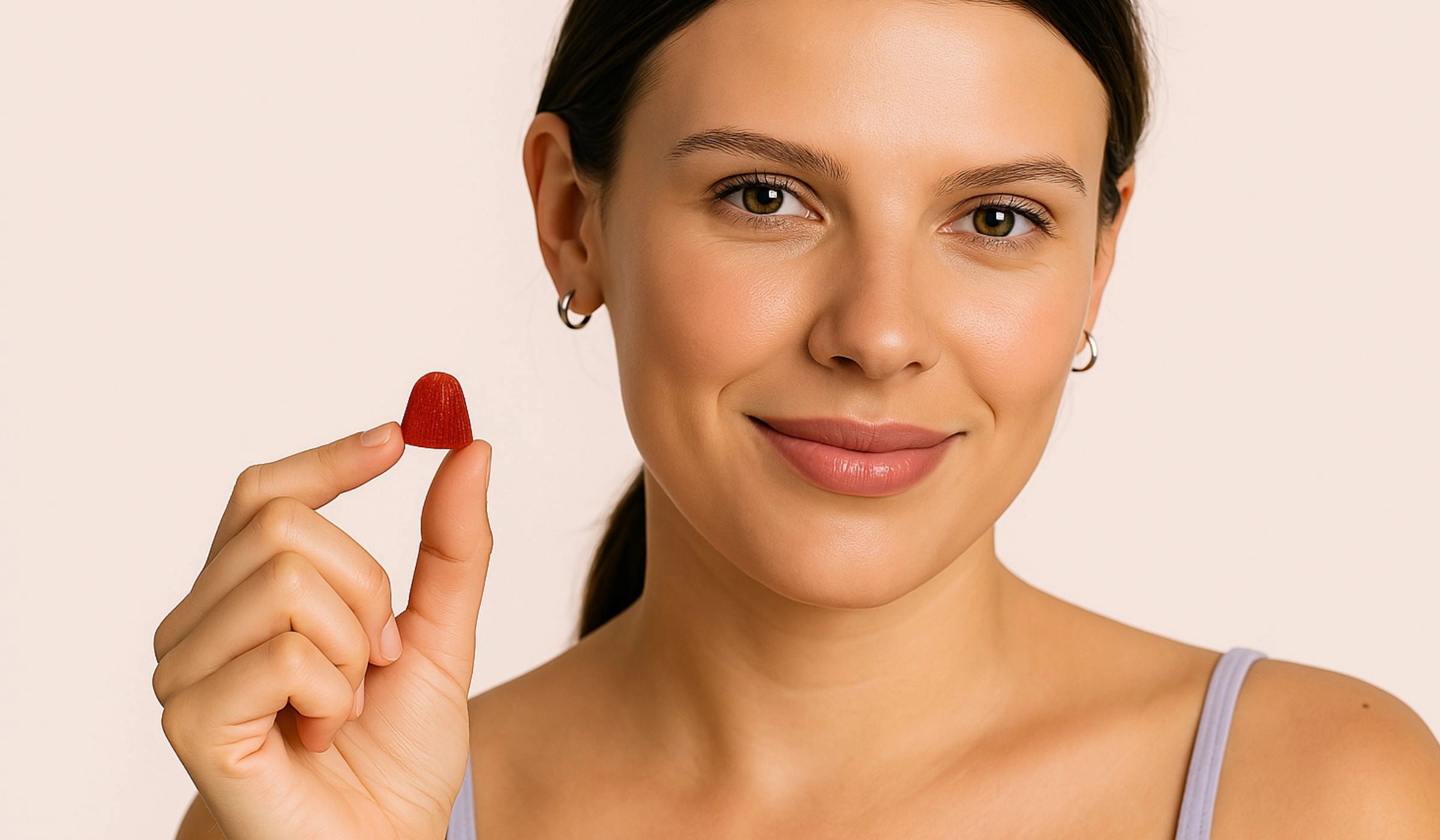 Jeune femme aux cheveux bruns tenant un gummy rouge au CBD entre ses doigts, mettant en avant la saveur framboise et la facilité de consommation du produit.