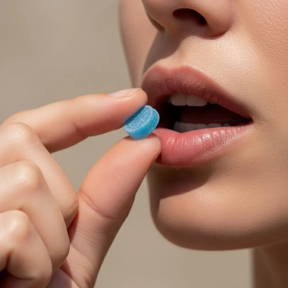 Femme prenant une pastille au CBD menthe Délicure pastille bleue relaxante 10 mg CBD, sans THC, effet fraîcheur.