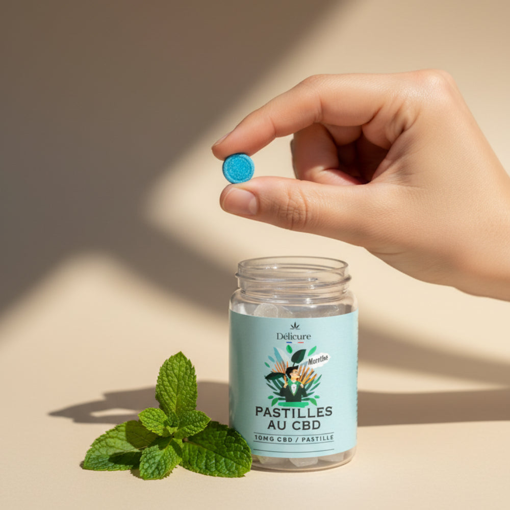 Pot de pastilles au CBD menthe Délicure avec feuille de menthe fraîche et pastille bleue 10 mg CBD par pastille, made in France.