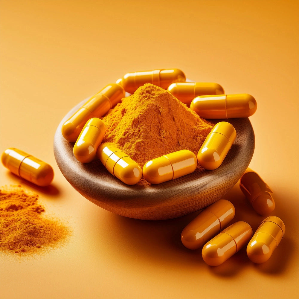 coupelle en bois sur fond jaune contenant de la poudre de curcuma breveté délicure et des gélules