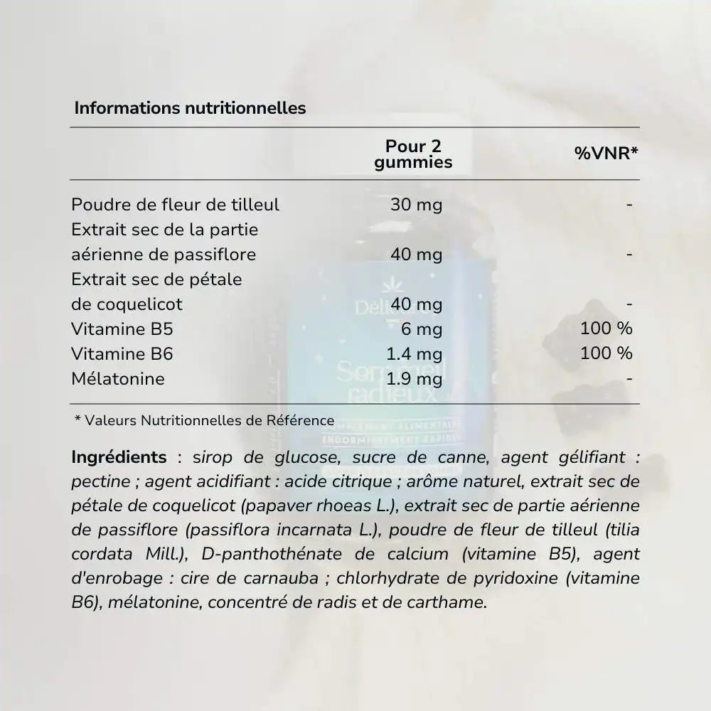 Tableau d’informations nutritionnelles pour deux gummies Sommeil radieux, listant les extraits de plantes (coquelicot, passiflore, tilleul), la mélatonine et les vitamines B5 et B6.