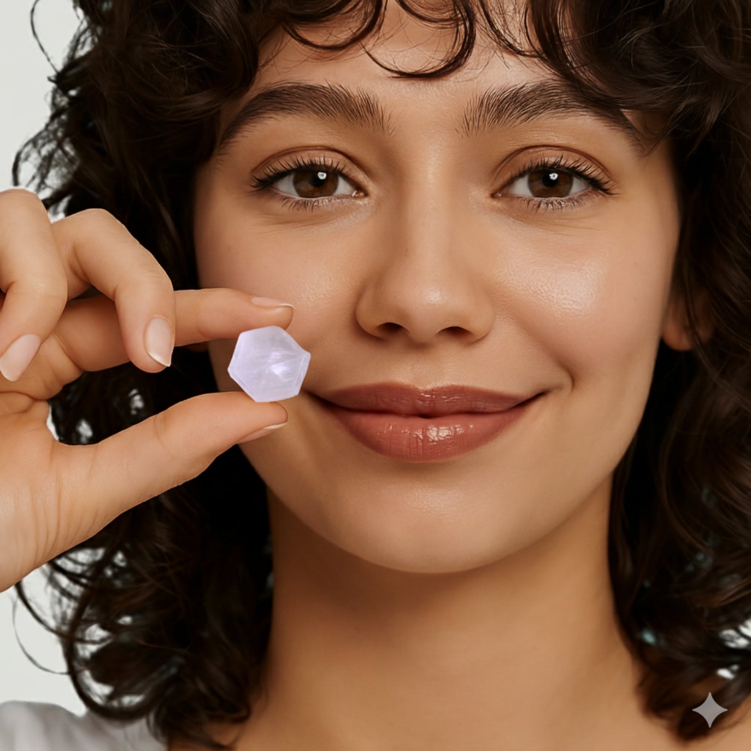 Femme souriante tenant un bonbon sans sucre au CBD Délicure — plaisir sain et apaisant pour le bien-être quotidien.