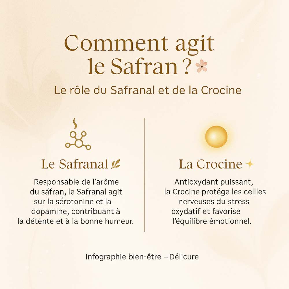 Sur un fond beige doré lumineux, deux encadrés expliquent les composés actifs du safran :
à gauche, le Safranal, représenté par une molécule stylisée, est décrit comme responsable de l’arôme du safran et agissant sur la sérotonine et la dopamine pour favoriser la détente et la bonne humeur ;
à droite, la Crocine, symbolisée par une sphère dorée lumineuse, est présentée comme un antioxydant puissant protégeant les cellules nerveuses du stress oxydatif et favorisant l’équilibre émotionnel.