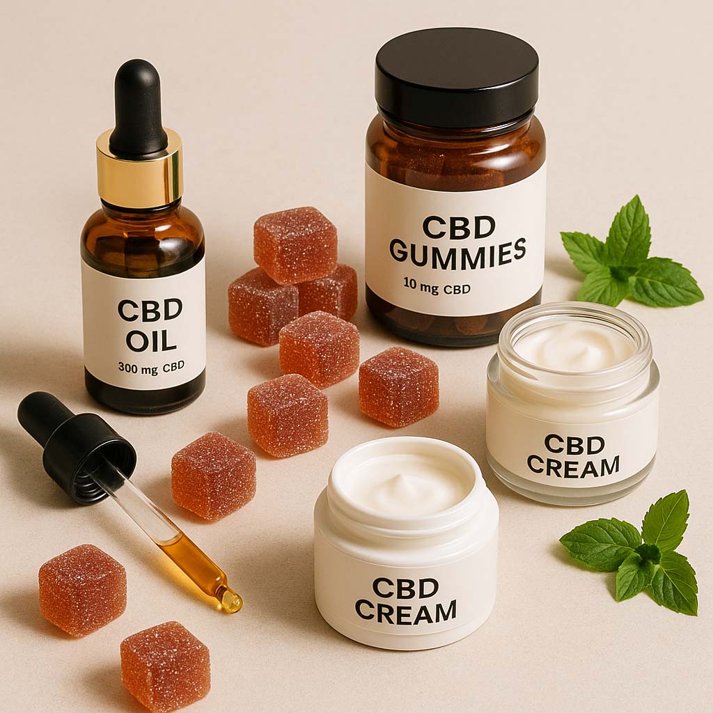 Visuel carré présentant différents formats de produits au CBD : huile avec pipette, gummies en cubes et crèmes en pots, sur fond beige naturel, ambiance bien-être premium.