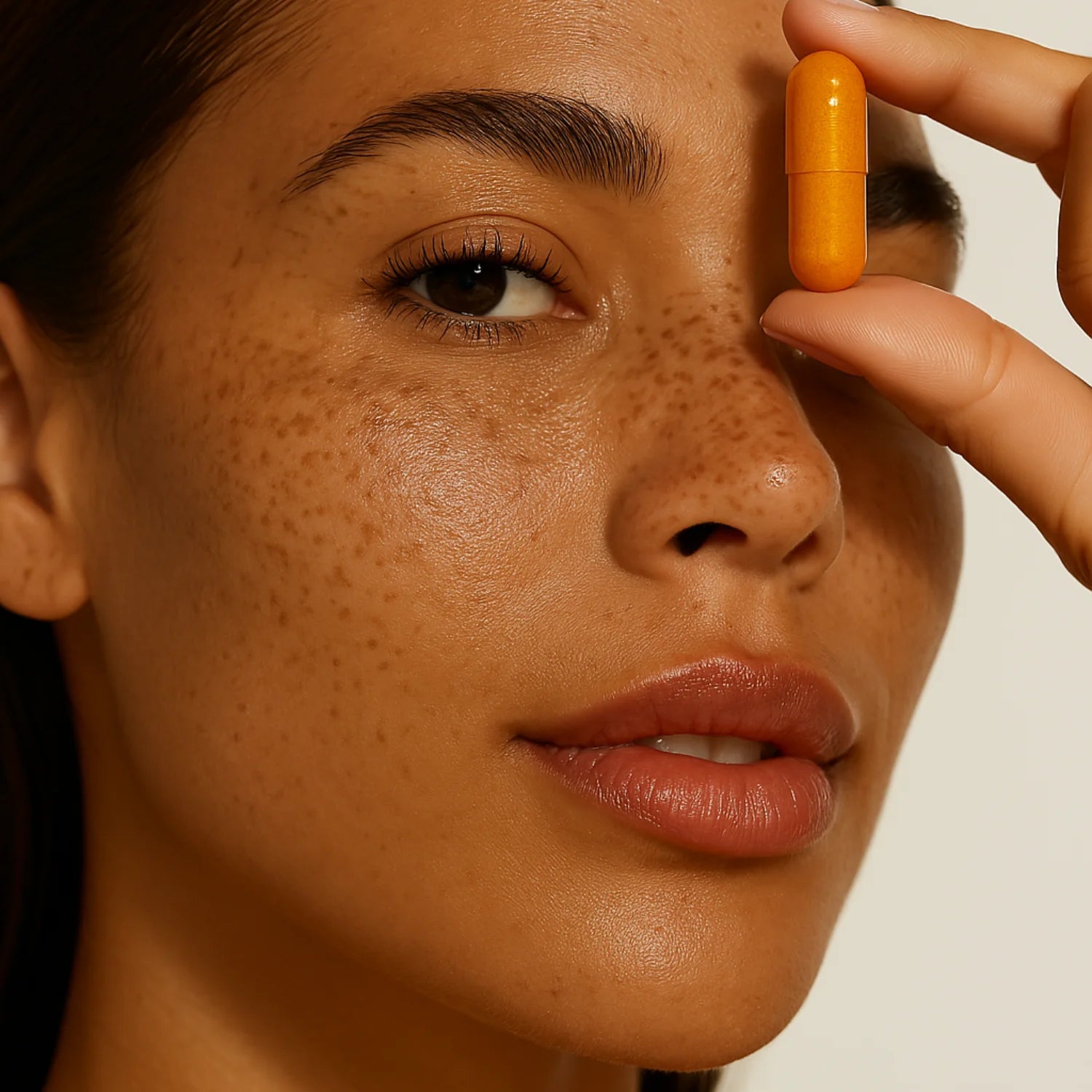 Femme tenant une capsule orange Délicure — gélules naturelles Made in France pour la beauté, le bien-être et la vitalité.