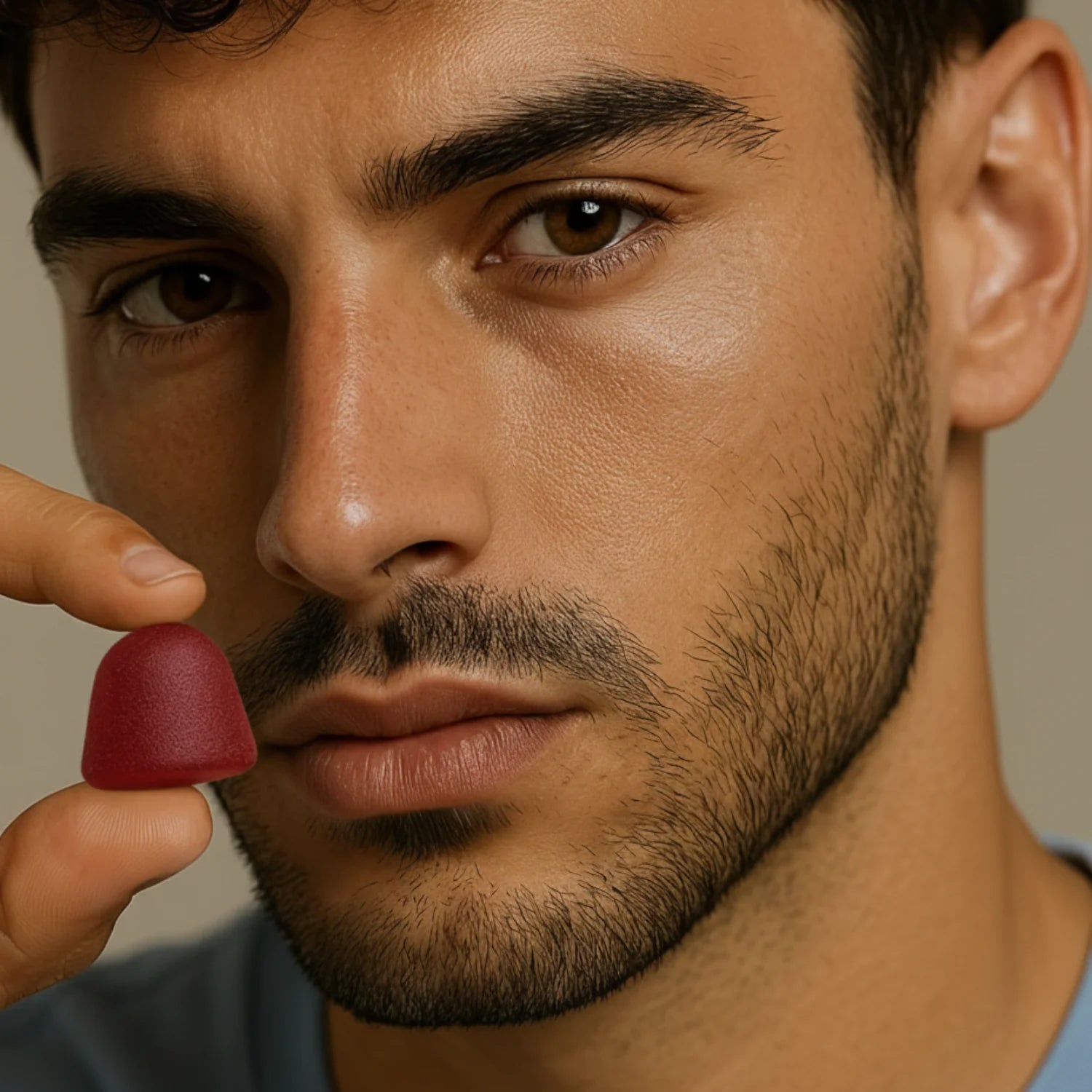 Homme tenant un gummies rouge Délicure — compléments gourmands pour le sommeil, le stress et la détente naturelle.