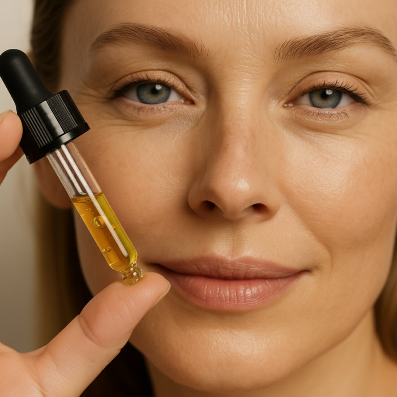 Femme tenant une pipette d’huile CBD Délicure — huiles naturelles pour la détente, le sommeil et la sérénité intérieure.
