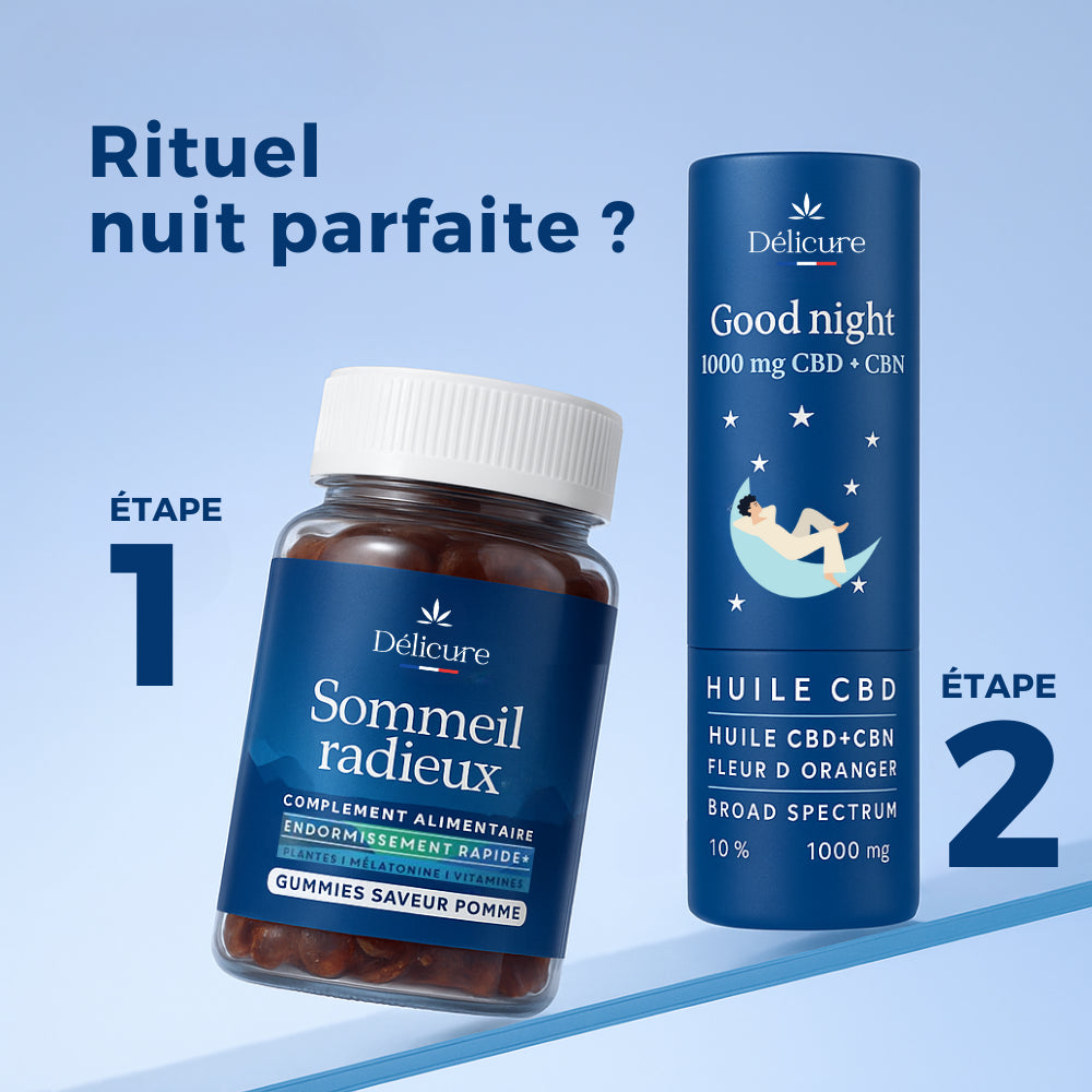 Visuel Délicure du rituel Nuit Parfaite avec les gummies Sommeil Radieux et l’huile Good Night CBD + CBN, deux étapes pour favoriser l’endormissement et un sommeil réparateur naturellement.