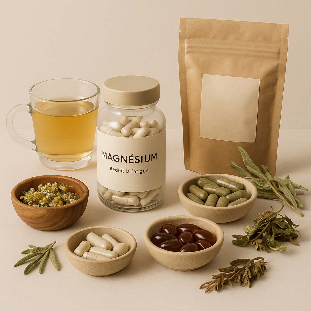 Assortiment de compléments alimentaires naturels, dont un flacon de magnésium en capsules avec mention “réduit la fatigue”, tisanes et gélules végétales, présenté sur fond beige avec une tasse d’infusion et des plantes séchées.