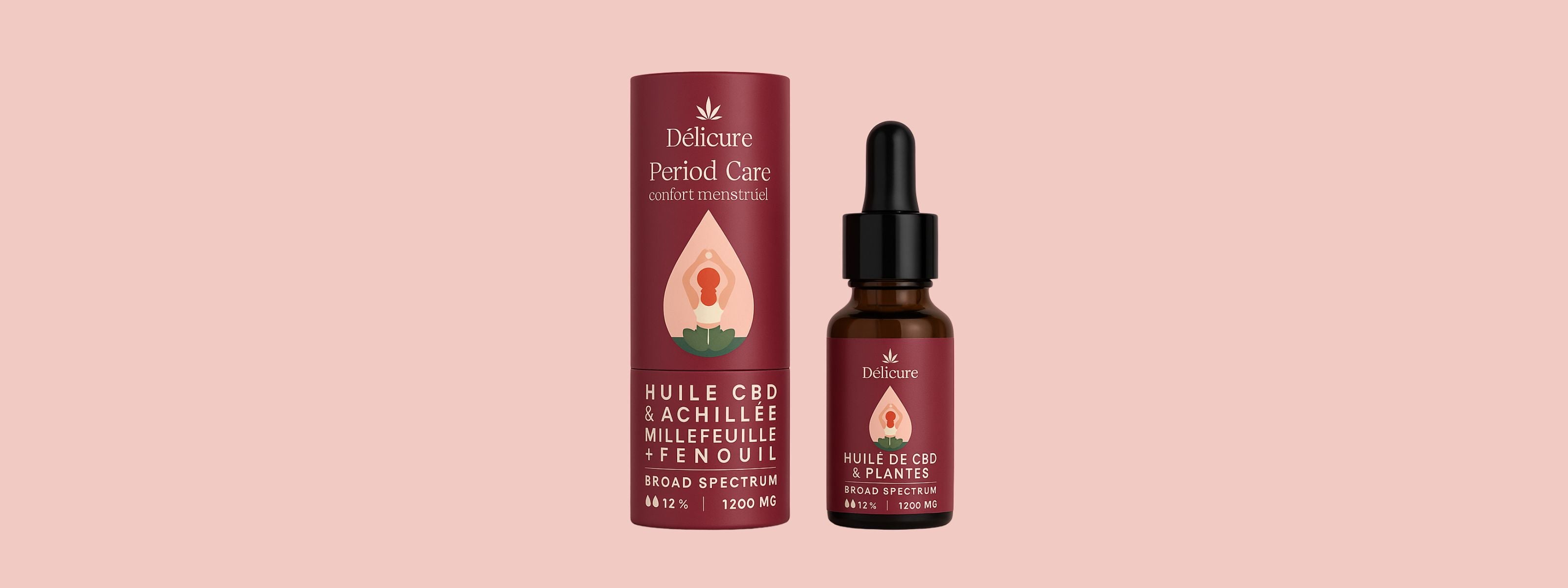 Un flacon d'huile de cbd regle douloureuse delicure sur fond rose