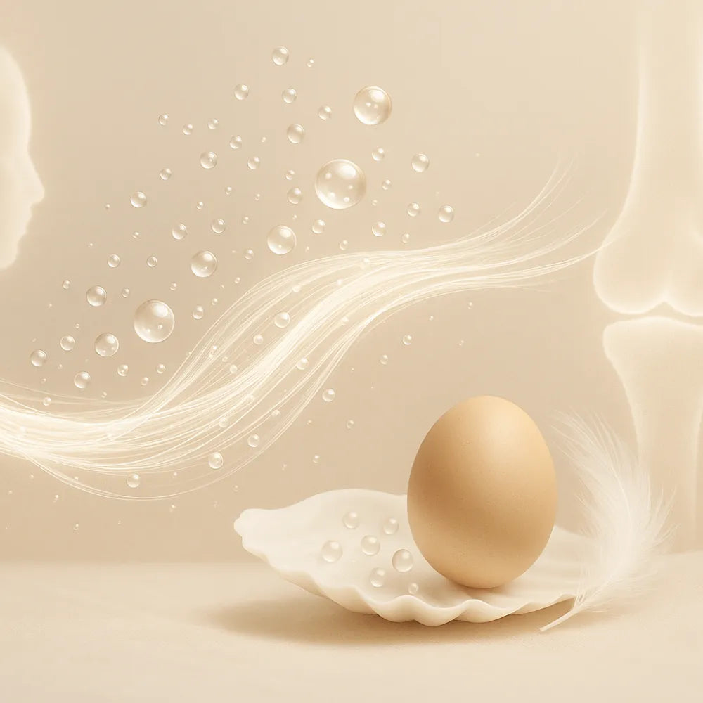 Illustration symbolique du collagène : un œuf sur une coquille évoquant la membrane naturelle, entouré de fibres lumineuses et de gouttelettes représentant la structure du collagène et son rôle essentiel dans la peau, les os et les articulations. Ambiance beige douce et minimaliste, style scientifique et poétique.