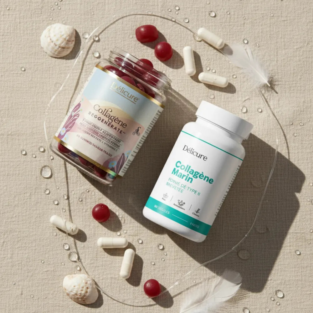 Produits Délicure Collagène Reggenerate™ et Collagène Marin Cartidyss® présentés côte à côte sur fond beige naturel, avec capsules blanches et gummies rouges. Illustration de la dualité entre collagène marin de type II et collagène végétarien à base de membrane d’œuf, symbolisant deux formules brevetées françaises complémentaires pour la peau, les articulations, les cheveux et les ongles.