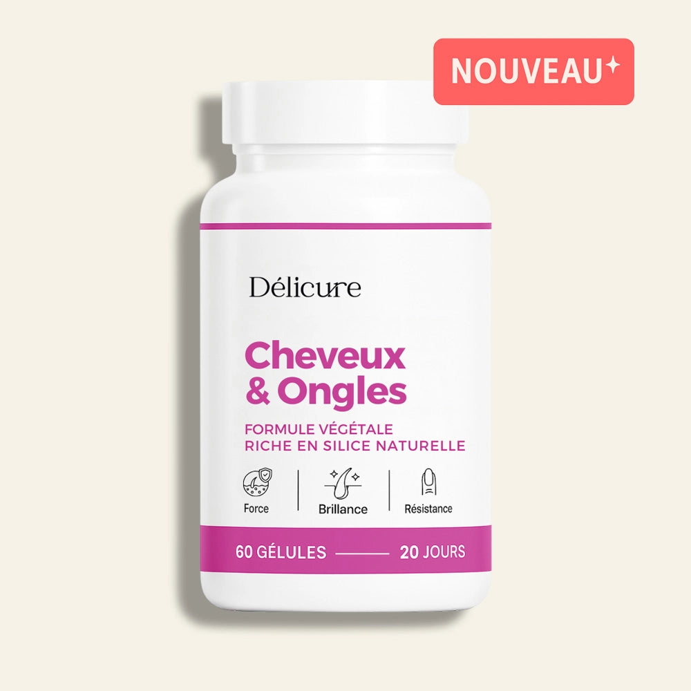 Visuel du pot 
Pot de gélules Délicure Cheveux & Ongles – formule végétale riche en silice naturelle pour la force, la brillance et la résistance des cheveux et des ongles.