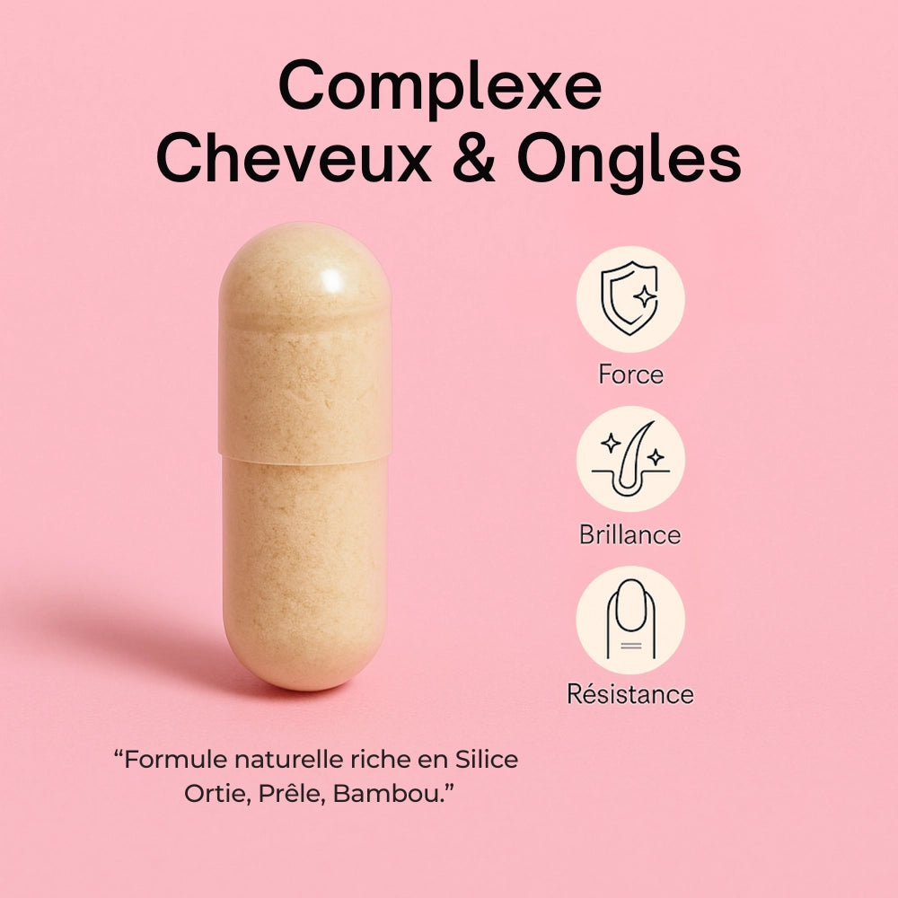 Visuel capsule sur fond rose
Gélule Cheveux & Ongles Délicure – complexe naturel à base d’ortie, de prêle et de bambou, riche en silice pour fortifier et sublimer la chevelure.