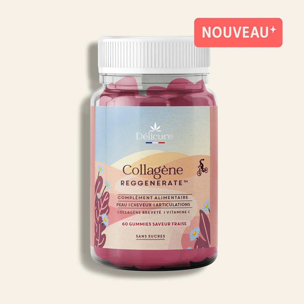Pot de gummies Collagène Reggenerate Délicure – complément alimentaire sans sucres à base de membrane d’œuf, collagène breveté et vitamine C, 60 gummies saveur fraise.