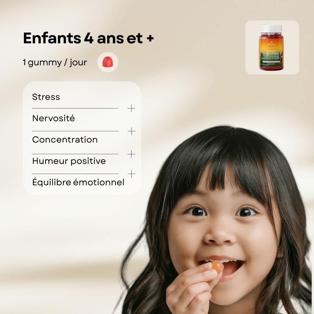 Petite fille asiatique souriante promouvant la prise d’un gummy Safran + B6 par jour, complément anti-stress aidant à la concentration et au bien-être émotionnel.