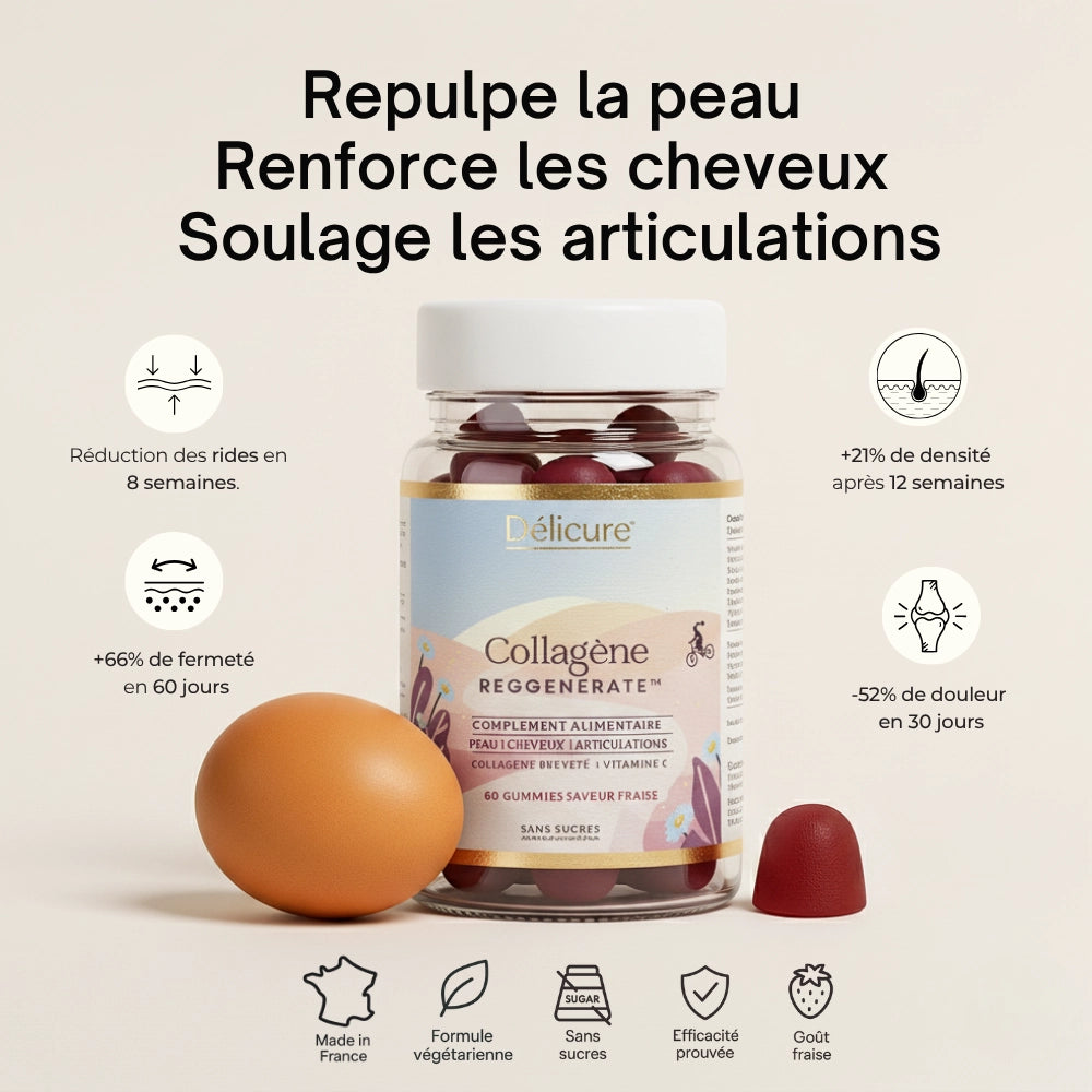 Visuel “Repulpe la peau / Renforce les cheveux / Soulage les articulations” avec l’œuf et le pot
Gummies Collagène Délicure – repulpe la peau, renforce les cheveux et soulage les articulations grâce au collagène Reggenerate issu de la membrane d’œuf.