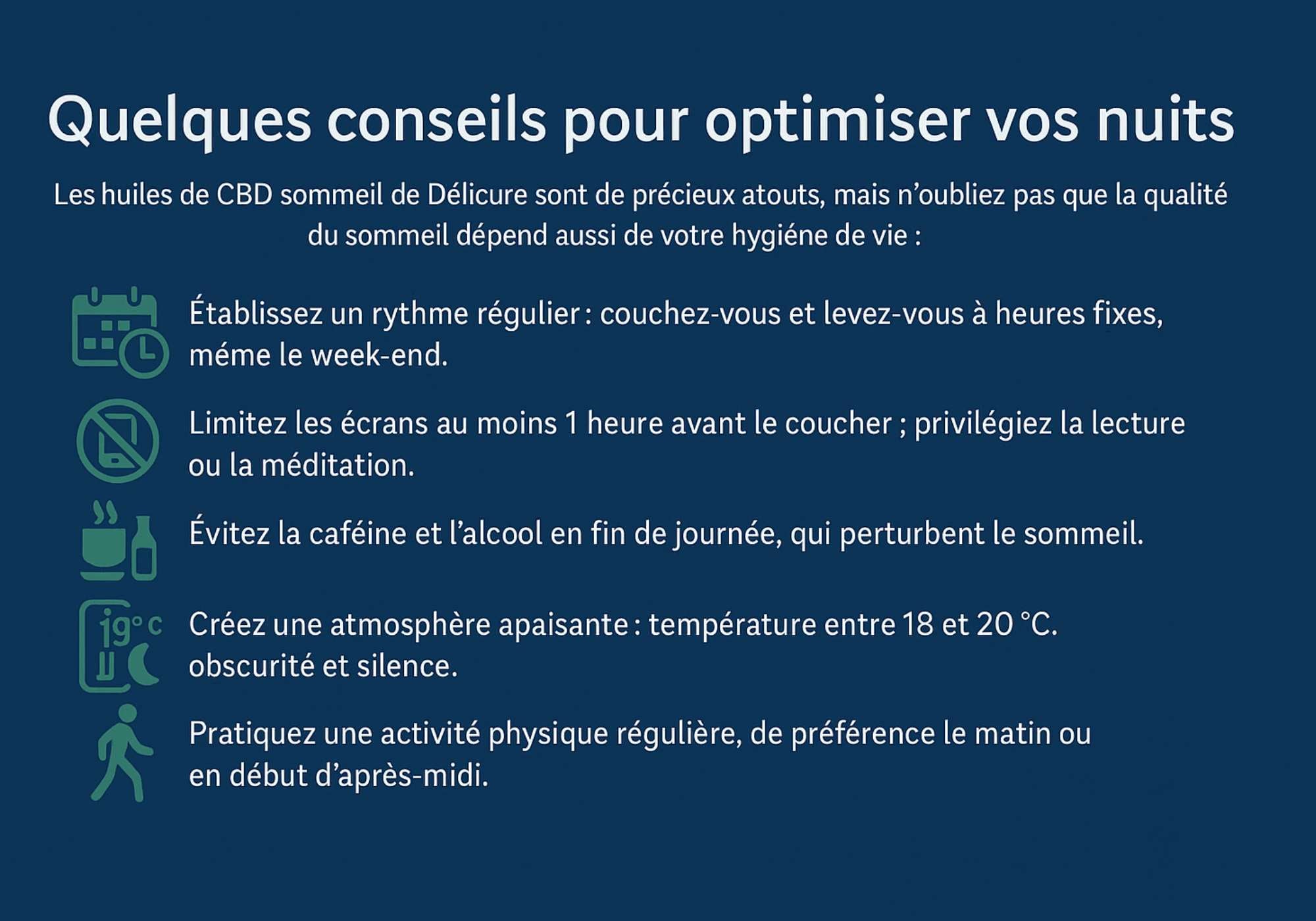 Infographie en français listant des conseils pour améliorer son sommeil : rythme régulier, limiter les écrans, éviter la caféine, créer un environnement calme et pratiquer une activité physique.