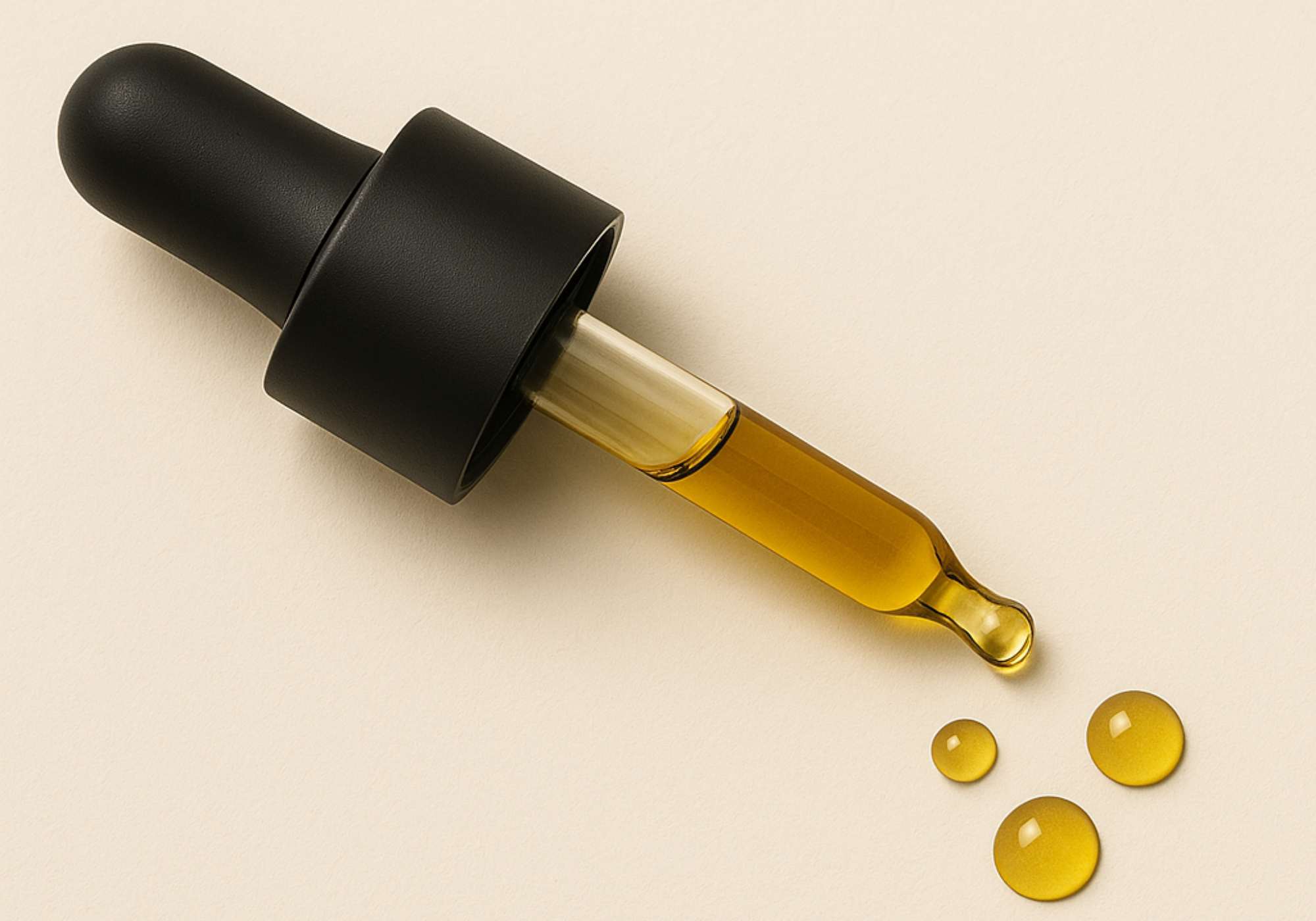 Gouttes d’huile de CBD tombant d’une pipette noire sur fond beige, illustrant la voie sublinguale de consommation.