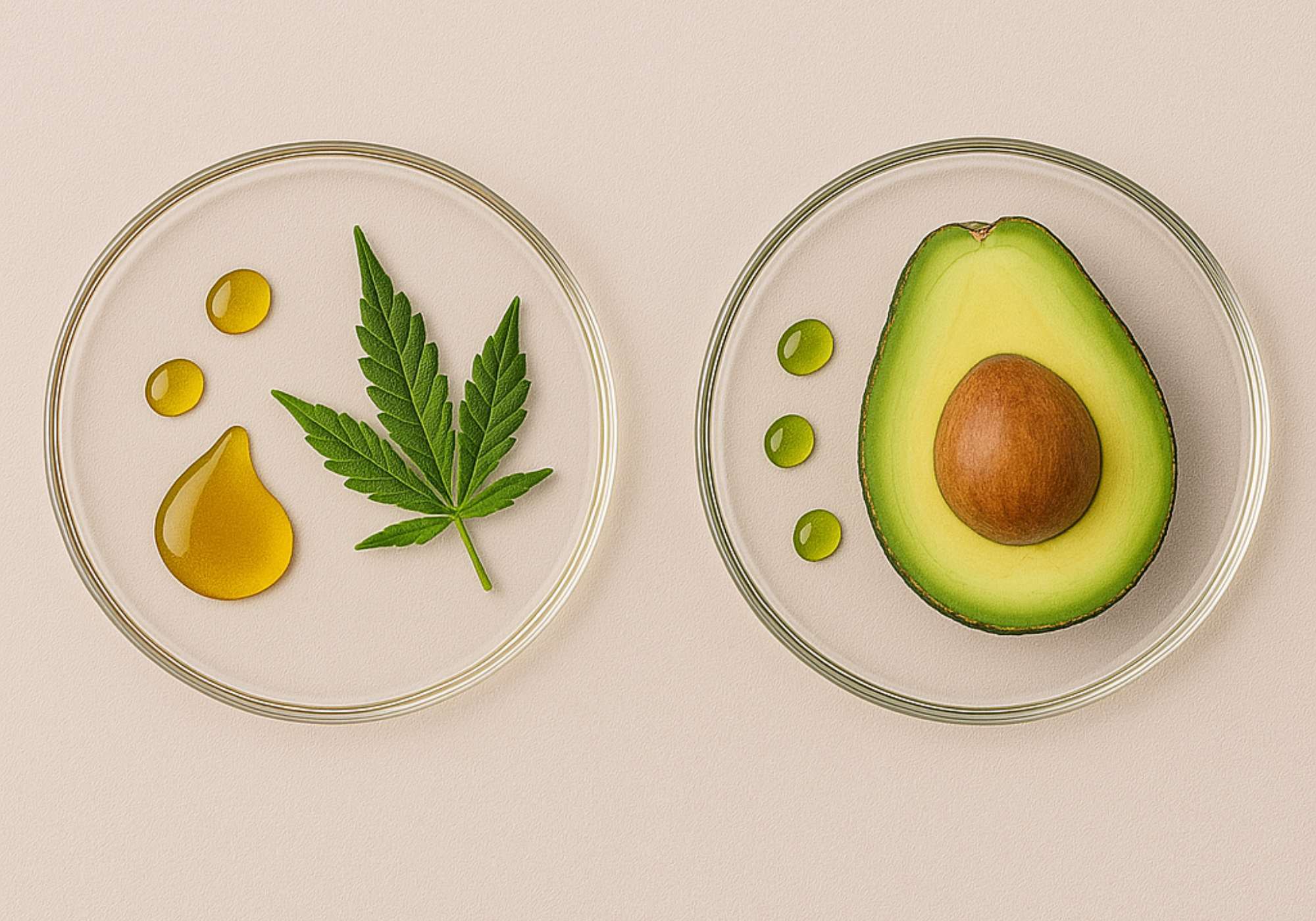 Tranches d’avocat, feuille de chanvre et huile dans des coupelles en verre, illustrant les ingrédients naturels des huiles Délicure.

