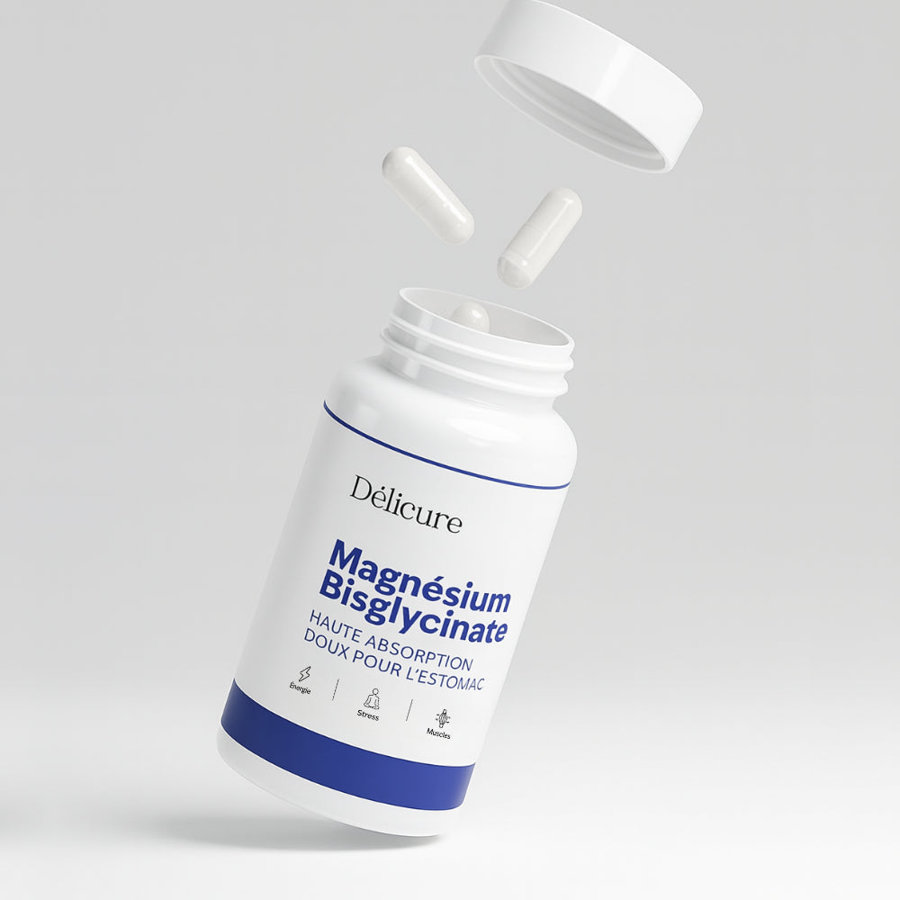 Flacon de Magnésium Bisglycinate Délicure, 60 gélules haute absorption, doux pour l’estomac – complément alimentaire pour l’énergie, le stress et les muscles.
