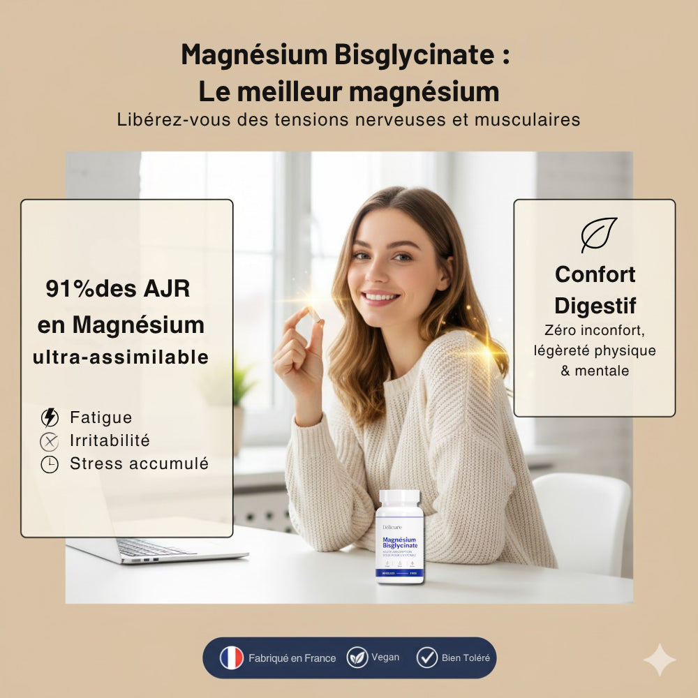 Femme tenant une gélule de Magnésium Bisglycinate Délicure – complément alimentaire ultra-assimilable, 91 % des AJR en magnésium, confort digestif, aide en cas de fatigue, irritabilité et stress – fabriqué en France, vegan et bien toléré.