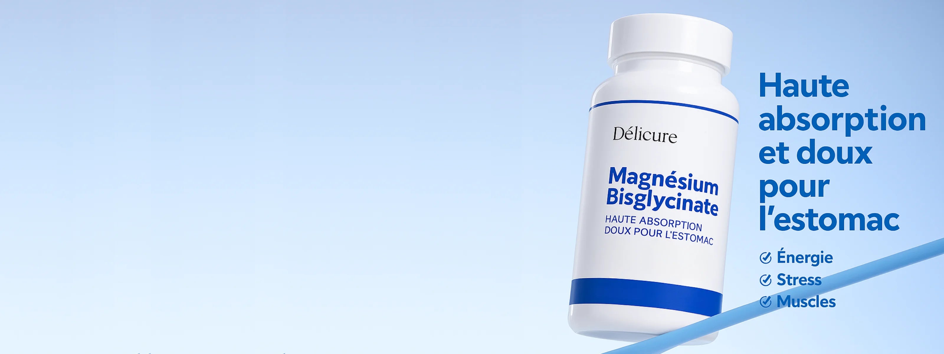 Pot de Magnésium Bisglycinate Délicure en avant sur fond bleu – cure de 60 gélules pour énergie, stress et muscles avec haute absorption