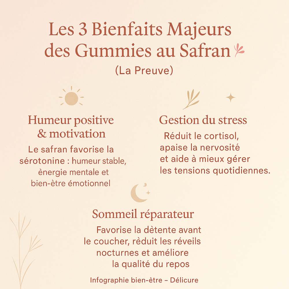 Infographie bien-être – Les 3 Bienfaits Majeurs des Gummies au Safran 🌸 (La Preuve) : visuel carré premium aux tons beige rosé et doré clair, illustrant trois bénéfices clés. 1️⃣ Humeur positive & motivation 🌞 : le safran favorise la sérotonine pour une humeur stable et une énergie mentale durable. 2️⃣ Gestion du stress 🌿 : réduit le cortisol et apaise la nervosité. 3️⃣ Sommeil réparateur 🌙 : favorise la détente avant le coucher et améliore la qualité du repos. Design élégant, épuré et apaisant, signé D