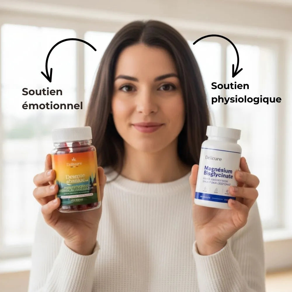 Pack Sérénité Absolue Délicure – soutien émotionnel avec les gummies Safran B6 et soutien physiologique avec le magnésium bisglycinate.