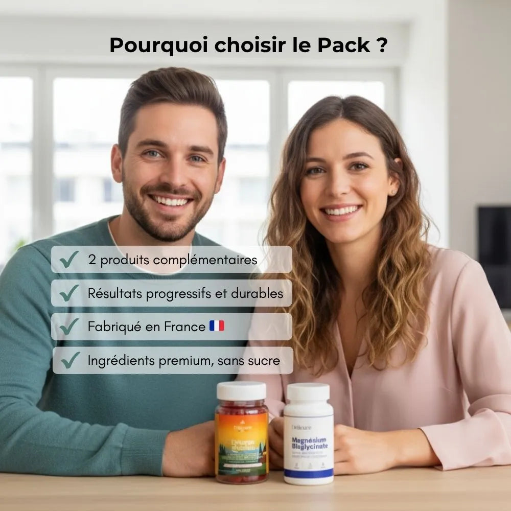 Pourquoi choisir le Pack Sérénité Absolue Délicure – 2 produits complémentaires, résultats progressifs et durables, fabriqué en France, ingrédients premium sans sucre.