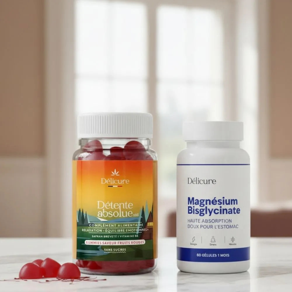 Pack Sérénité Absolue Délicure – association de gummies Safran B6 détente absolue et gélules Magnésium Bisglycinate, complément alimentaire fabriqué en France pour réduire le stress, améliorer le sommeil et favoriser l’équilibre émotionnel.