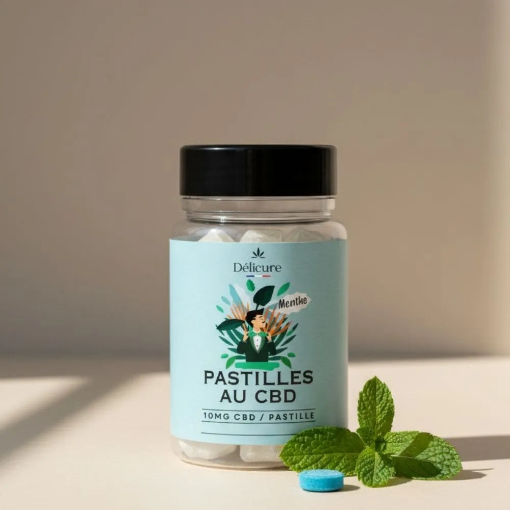Pot de pastilles au CBD menthe Délicure avec feuille de menthe fraîche et pastille bleue  10 mg CBD par pastille, made in France.