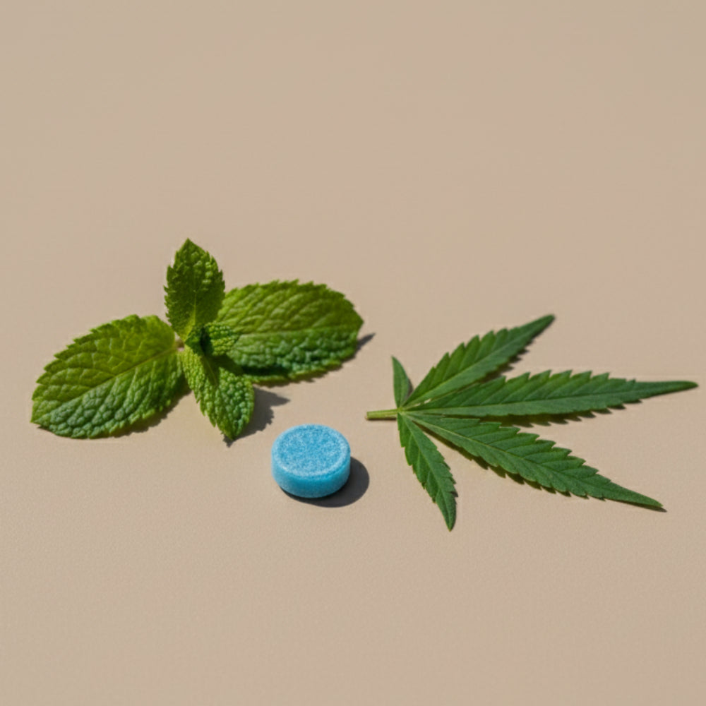 Main tenant une pastille au-dessus du pot Délicure Pastilles au CBD menthe — composition naturelle, 10 mg CBD, sans THC