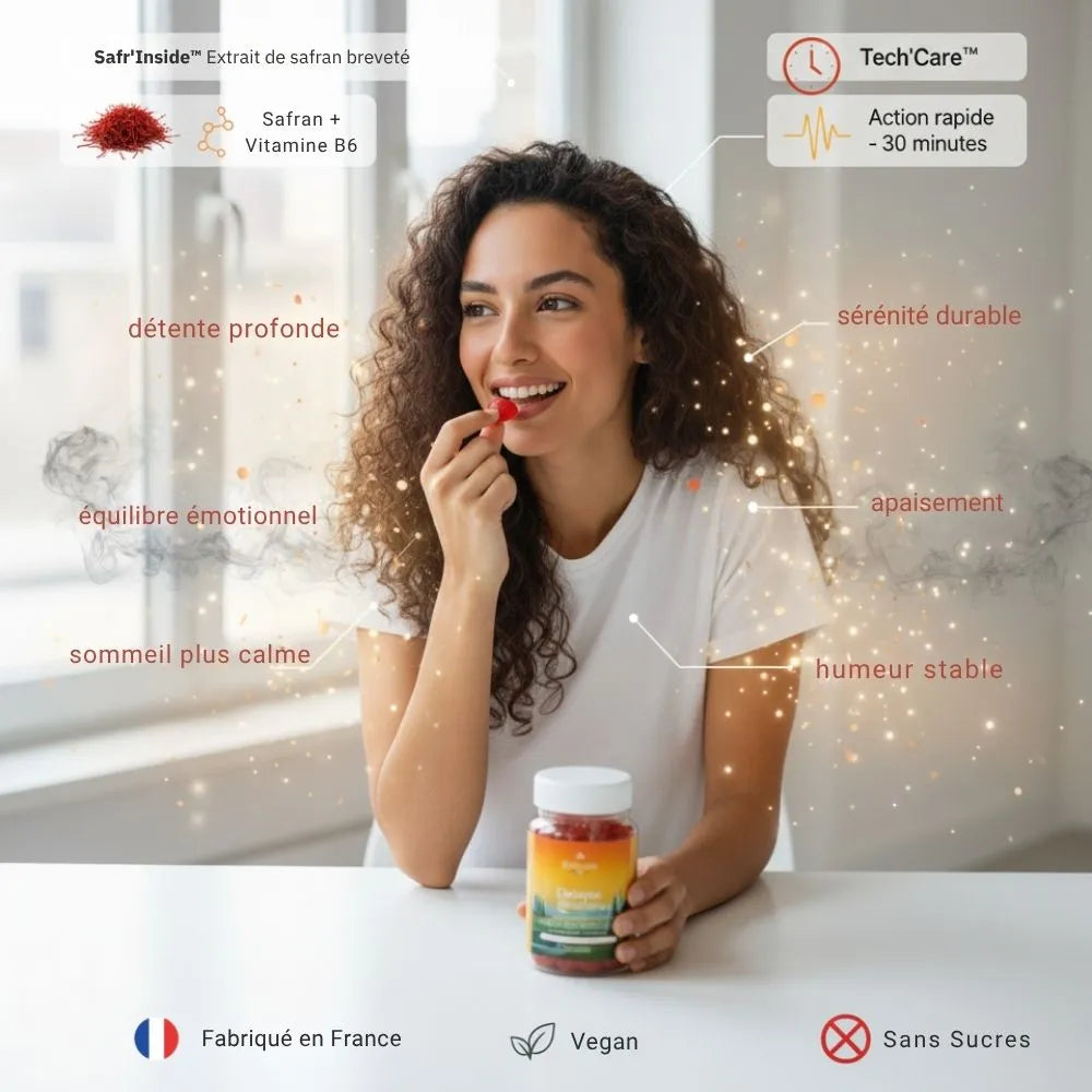 Femme consommant un gummy Délicure Safran + Vitamine B6, extrait breveté Safr’Inside™, pour détente profonde, équilibre émotionnel, sommeil plus calme et sérénité durable – complément alimentaire vegan, sans sucres, fabriqué en France.