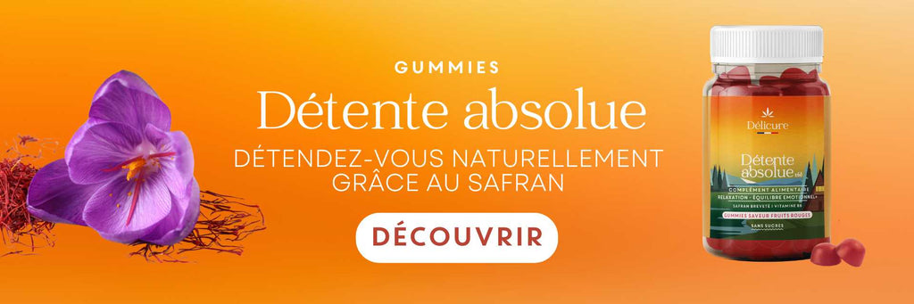bannière pour les gummies au safran breveté délicure, un pot de gummies avec une fleur de safran sur fond orange