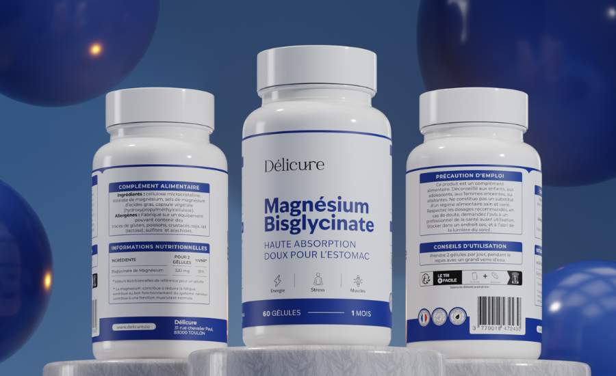 Trois flacons de magnésium sur fond bleu Complément alimentaire Magnésium Bisglycinate Délicure, haute absorption pour réduire la fatigue et soutenir le métabolisme