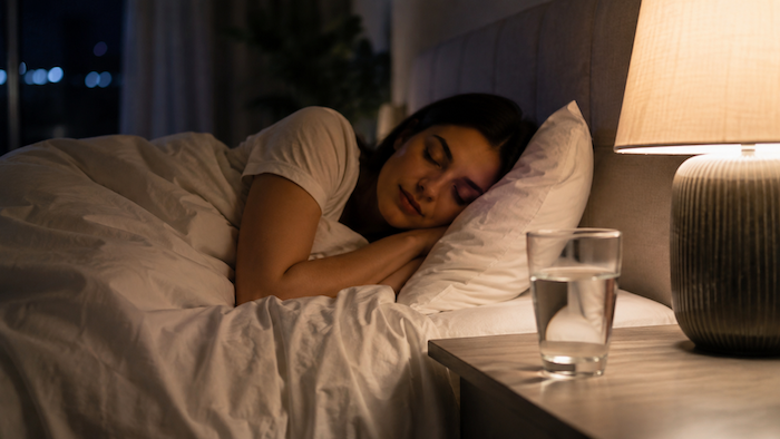 Personne dormant paisiblement avec un verre d’eau posé sur la table de chevet, illustrant le lien entre hydratation et sommeil