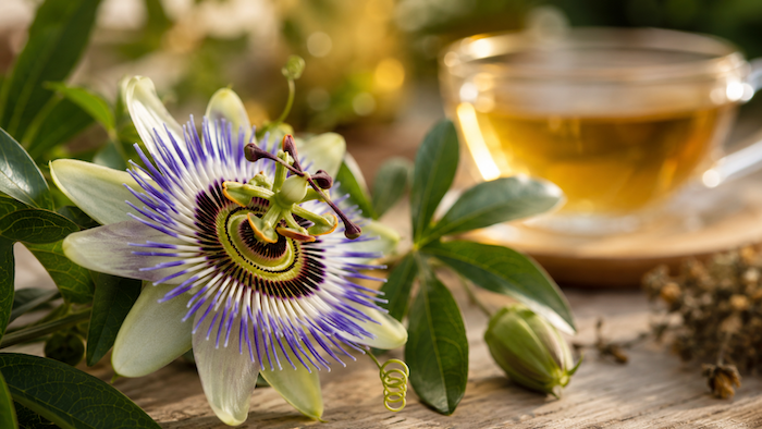une fleur de passiflore posée sur une table en bois illustrant la possibilité d'améliorer l'apnée du sommeil grace aux plantes comme remède de grand mère