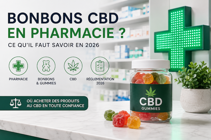 Bonbons et gummies au CBD présentés dans une pharmacie