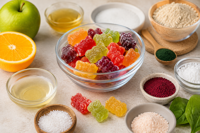 Gummies colorés entourés des principaux ingrédients utilisés dans leur composition