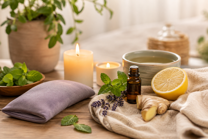 Remèdes naturels contre les maux de tête avec menthe, gingembre, citron et lavande