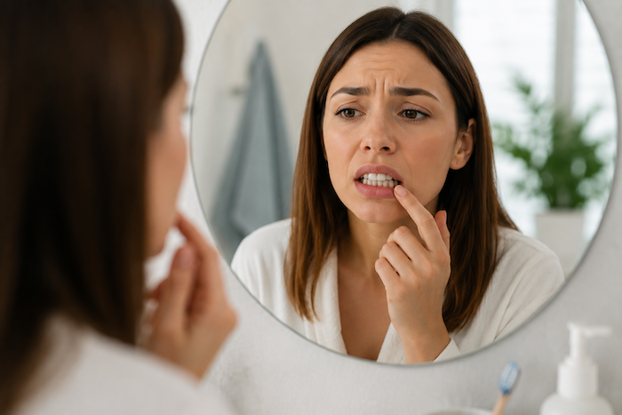 femme regardant ses dents dans un miroir scrutant les imperfections